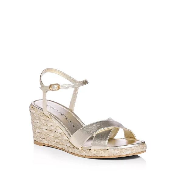 Stuart Weitzman Dayna Espadrille Wedge Sandal Leather Light Gold Natural 10.5 B - Picture 1 of 10